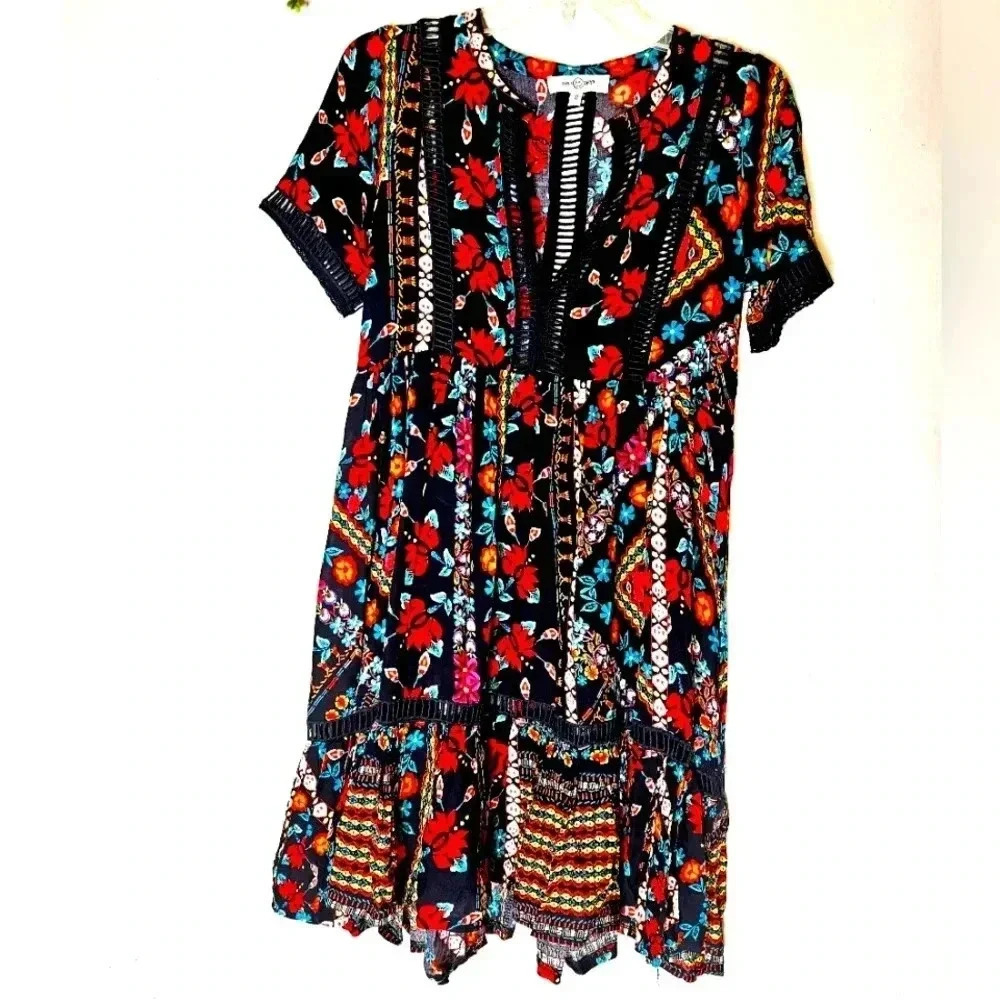 Three CX  Days Floral Flowy Midi Dress Beachy Boho Teired Sz Small
